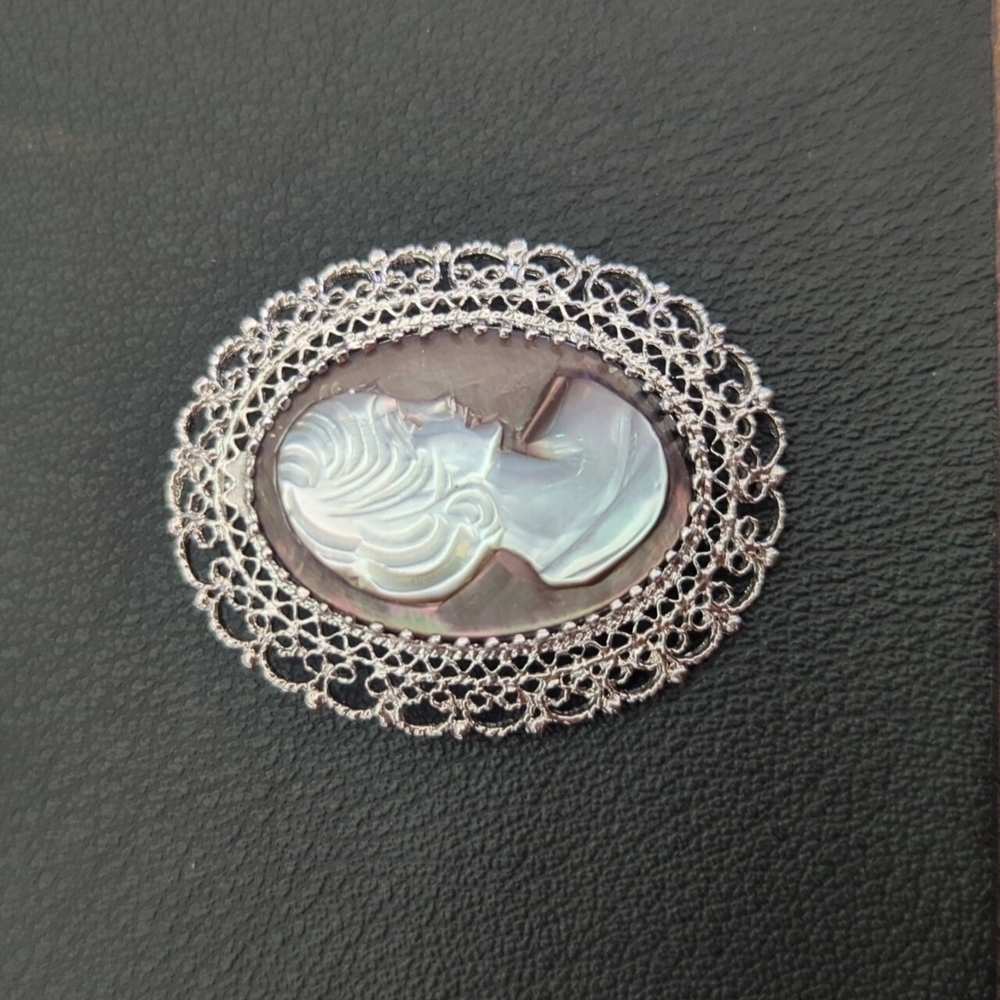 Gorgeous Ornate Sterling Silver Abalone Shell Cameo Pendant Pin Clip Earring Set - Picture 2 of 7